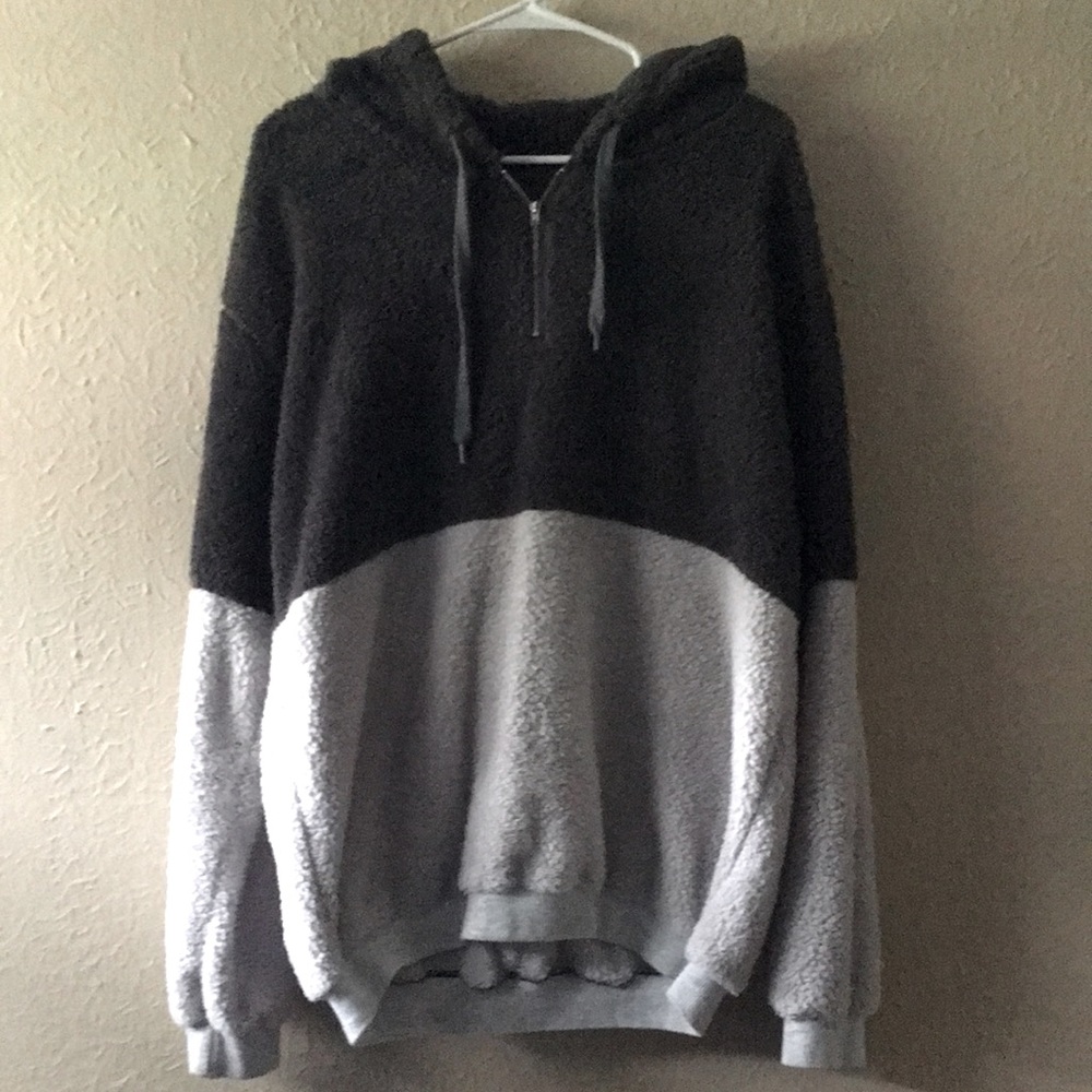 Two tone fuzzy pullover with hood